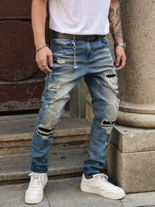Men's Blue Washed Distressed Skinny Fit Ripped Jeans, Streetwear Fashion Versatile Denim Pants, All Season - Blue - View 6