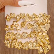 Set de 4-16 perechi de cercei asimetrici geometrici aurii pentru femei - Stil minimalist vintage, cu elemente florale, ursuleți și inimioare. Potrivit pentru purtare zilnică, festivaluri, petreceri, cadouri (cadou de calitate pentru prietene și mame), întâlniri și banchete. - Aur 4 - Vizualizare 9