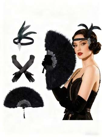 2/3 Packs 1920s Flapper Accessories For Women - Feather Fan, Headband & Gloves Set For Vintage Wedding Dancing Cosplay Costume Great Gatsby Accessories