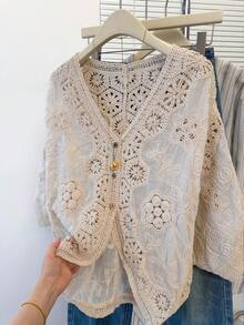 JIANHU 小号波西米亚风钩针开衫 - 浪漫花卉与几何蕾丝罩衫，适合度假和日常穿着 | 轻盈 V 领纽扣针织衫（小号身材完美之选）