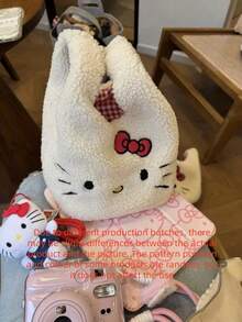 三丽鸥冬季柔软刺绣羊毛小手提包，可爱猫咪托特包，杂物收纳袋，通勤收纳袋