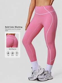 Sodalemon Women No Front Seam Yoga Leggings Casual Contrast Color Outdoor Training Pants Elastic Fitness Gym Leggings - Hồng - Xem 1