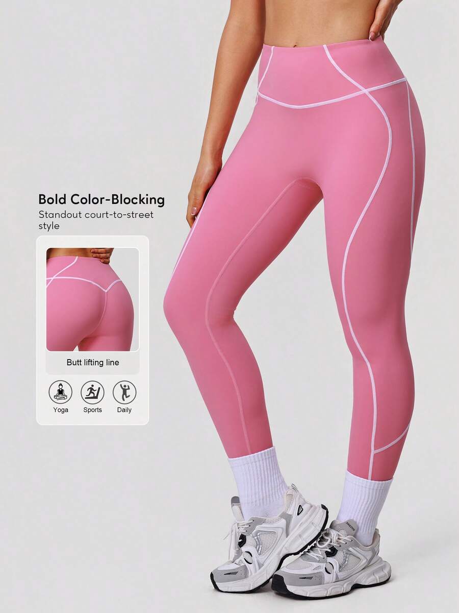 Sodalemon Women No Front Seam Yoga Leggings Casual Contrast Color Outdoor Training Pants Elastic Fitness Gym Leggings - Hồng - Xem 1