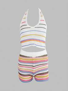 Apperloth A 女士Y2K彩虹条纹露背V领镂空钩针编织短款上衣和紧身短裤，春夏音乐节和海滩度假套装 - 彩色 - 查看 1