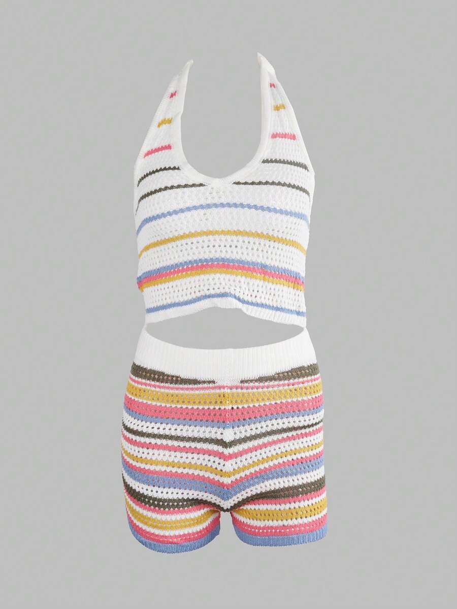Apperloth A 女士Y2K彩虹条纹露背V领镂空钩针编织短款上衣和紧身短裤，春夏音乐节和海滩度假套装 - 彩色 - 查看 1