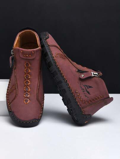 New Plus Size Handmade Stitching Casual Shoes, Casual Mid-Top Shoes For Teenagers, Zipper Cool Design Flat Mid-Top Shoes, Personalized Street Style Men's Fashion Casual Shoes, Suitable For Daily Wear With Casual Pants, Jeans, Etc. To Show A Look.