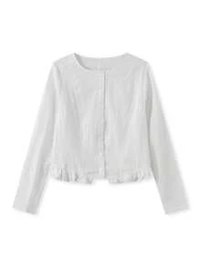 Women's Autumn Striped Tops Long Sleeve Round Neck Ruffle Trim Hem Casual Button Up Shirts - White - View 8