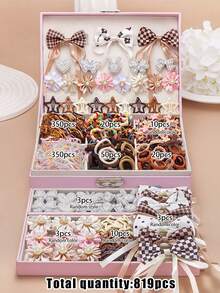 8/12/100/819件套米色可爱女孩发饰套装，包含丝带、蝴蝶结、水钻、珍珠、雏菊发夹、Y2K星星、迷你花朵发爪、弹力发圈、竹编发箍、TPU发带，适合日常佩戴和派对场合 - 彩色 - 查看 5