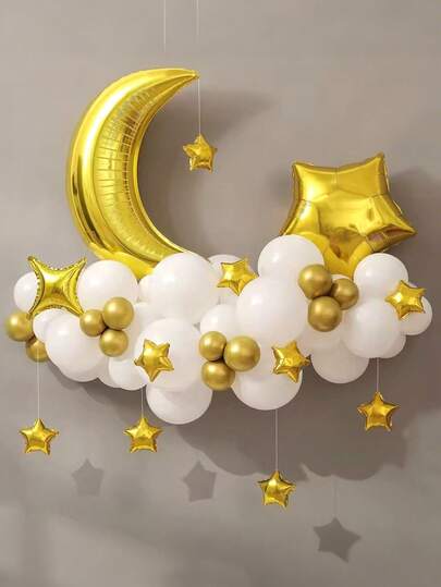 44pcs Moon Theme Balloon Decoration Set, 28-Inch Gold, Silver, Rose Gold Moon Balloons, 18-Inch Pentagram Balloons, Suitable For Birthday Party, Home Decor