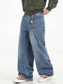 1 pieza Pantalones vaqueros holgados y lavados de estilo casual y ancho para hombre de la marca Justice Brother (cinturón y accesorios no incluidos) - Azul - Ver 6