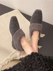 Women's Flat Slip-On Fuzzy Loafers, Low Heel Square Toe, Dark Gray Plush Shoes, Lightweight & Comfortable, Gray Indoor Platform Fur Lined Shoes For Winter - Dark Grey - View 3