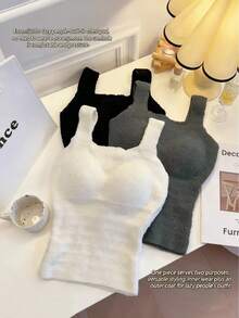 1件女士纯色无袖套头背心，保暖针织背心，带可拆卸胸垫，简约修身针织背心叠穿单品 - 灰色 - 查看 7