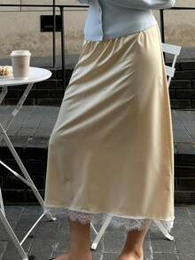 Women Silk Satin Half Slip Long Skirts Lace Patchwork Elastic Waist Long Skirt Elegant Silky Flowy A Line Midi Skirts - vàng nhạt - Xem 3