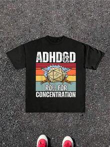 Plus Size Men's Casual Crew Neck Short Sleeve 100% Cotton T Shirt With Gaming Dice And ADHD Related Digital Print Heavyweight 220g T Shirt - Negro - Ver 5