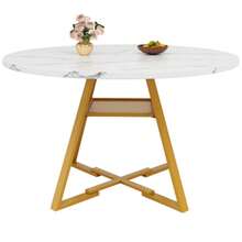 Round Dining Table (1 Piece) Kitchen Table Breakfast Table Metal Legs Marble Look Black/White - White - View 5