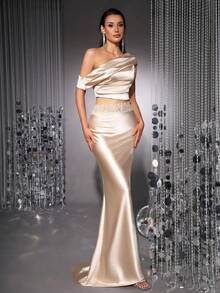 女士无袖不对称肩部褶皱设计上衣，修身蕾丝拼接针织面料上衣和半裙两件套，优雅露背派对/毕业典礼/舞会礼服 - 杏色 - 查看 6