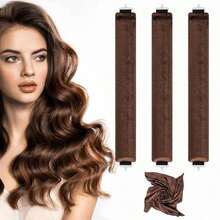 Set Of 3 Jumbo Heatless Hair Curling Rods With Silk Headscarf Women Brown Volume Hair Blowout Hair Styling Velvet Hair Rollers - 預設 - 查看 1