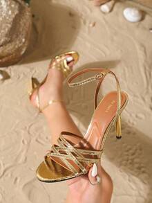 On feet& in love Women's Fashionable Elegant Round Toe Strap Buckle Shallow Toe Open Toe Sandals, Suitable For Wearing With Dresses, Thin High Heels - Golden Yellow - View 2