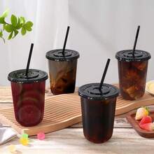 16oz Stemless Glasses With Flat Lids And Straws,PET Drinking Cups,Clear Plastic Wine Glasses For Parties Birthday,Wedding,Meeting,Christmas Party Supplies. - Black - View 4