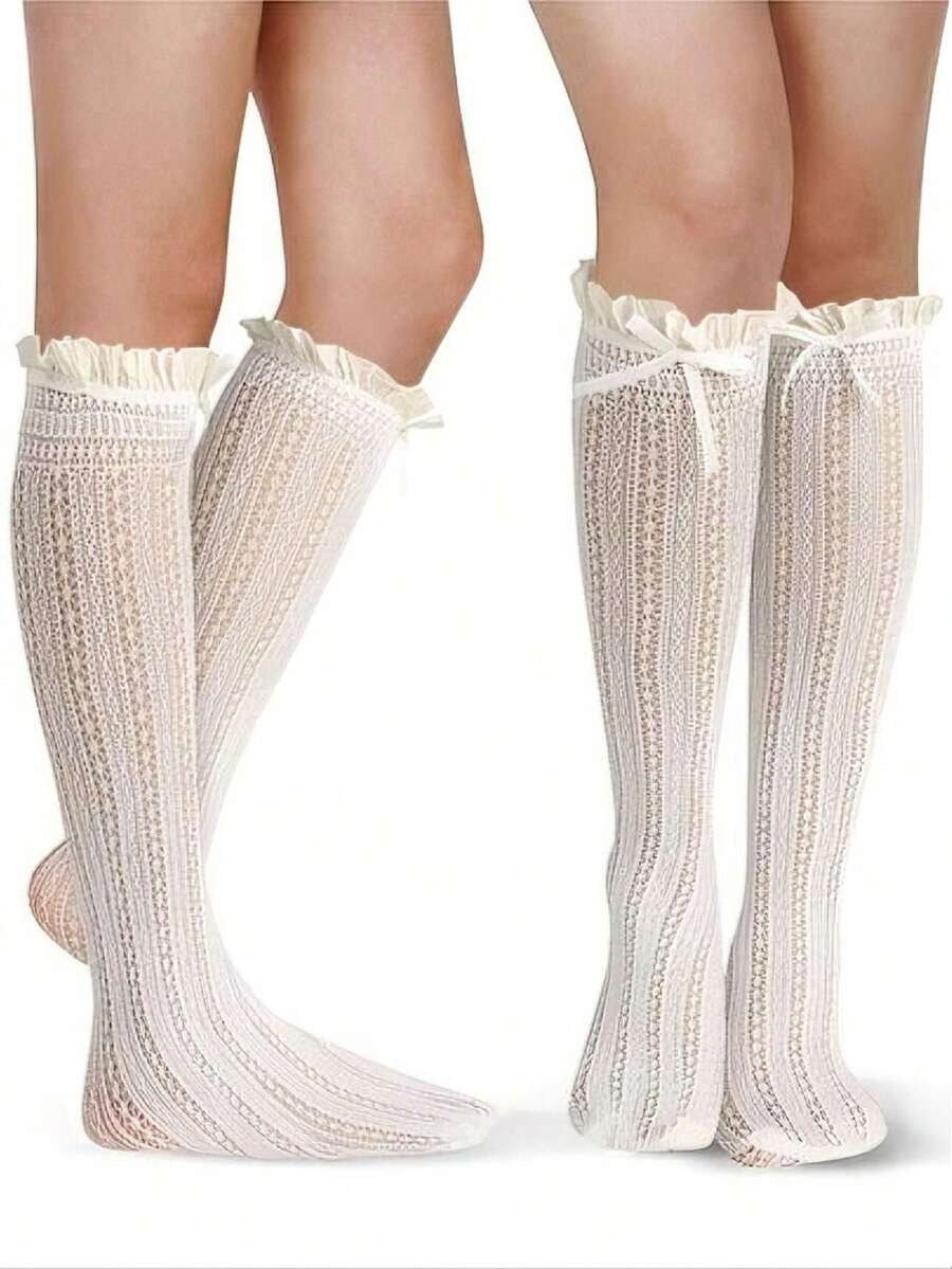 2pairWomen's Lace Knee High Socks, Girls' Pleated Knee High Socks, Black And White Mesh Fishing Net Stockings - 705 - View 1