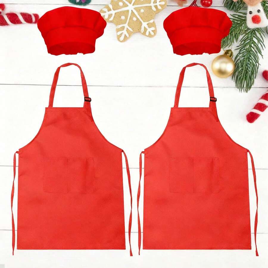 2 Packs Green&Red Kids Apron And Chef Hat Set-Children Kids Apron For Girls Boys Cooking Painting Baking ,Christmas DIY Party,Wear 6-13 Ages - Multicolor - View 1