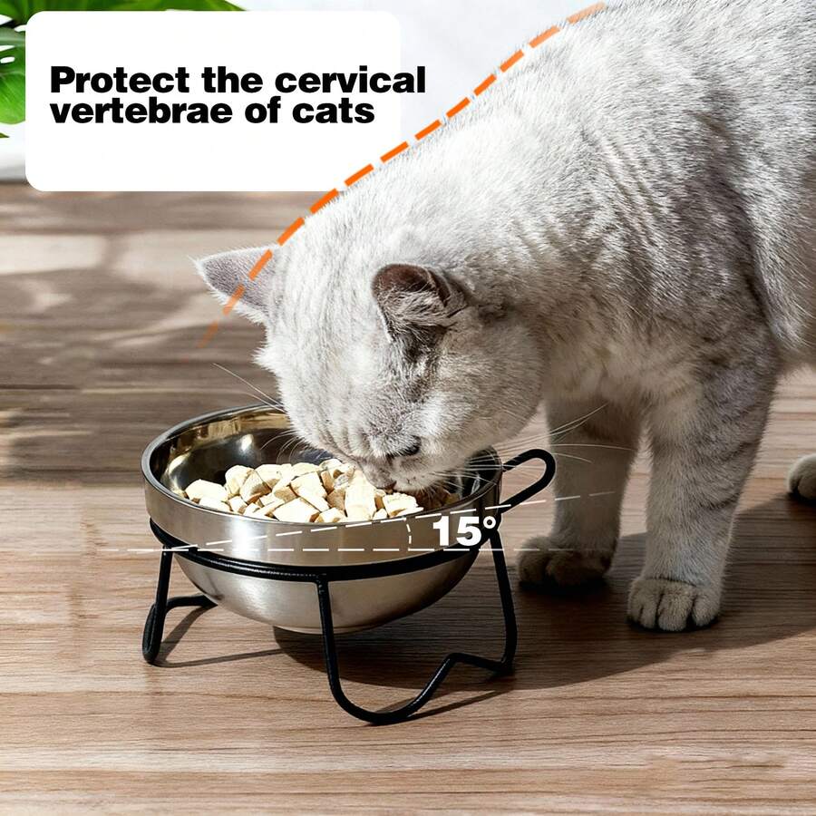 Support surélevé pour bol de chat, double bols en acier inoxydable sur un cadre en fer, mangeoire surélevée pour prévenir les vomissements, protéger la colonne vertébrale, facile à nettoyer et stable, adapté pour une alimentation saine, anti-basculement, convient aux chats British Shorthair