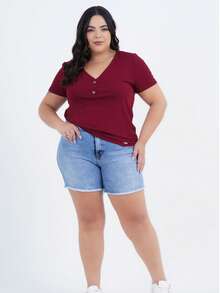 Women's Plus Size Short Sleeve Mesh Blouse - 酒紅色 - 查看 8