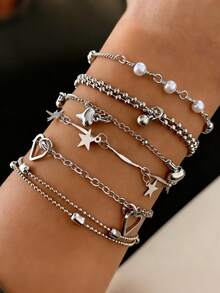 6件套心形和星形可叠戴手链套装，可搭配日常穿搭和派对配饰 - 6件愛心星星造型疊戴手鍊套裝 - 查看 5