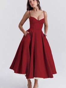 Ladies' Sexy Princess Dress, Simple Solid Color, Elegant Temperament, Double-Layer Suspender Dress - 紅色 - 查看 1