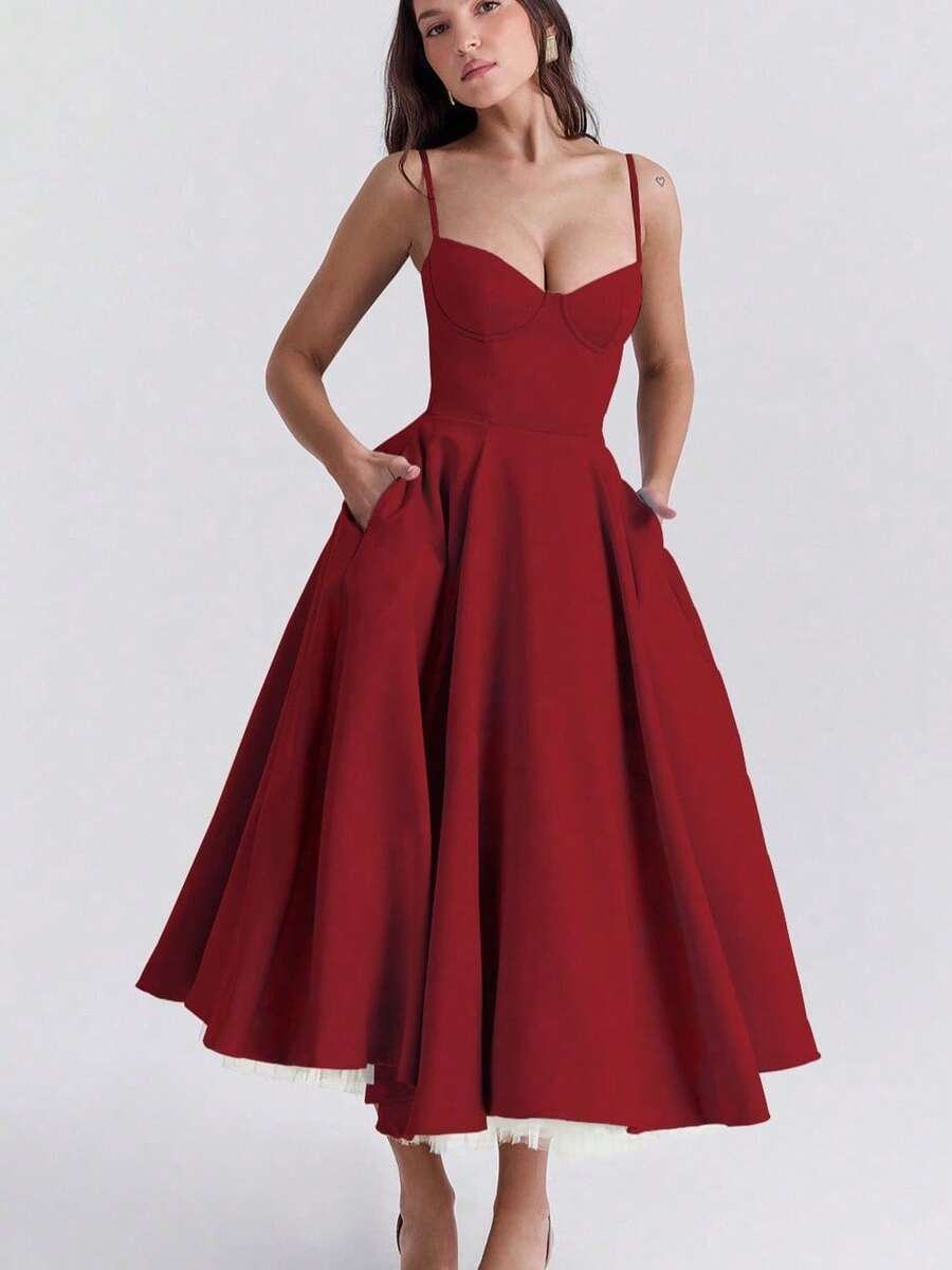 Ladies' Sexy Princess Dress, Simple Solid Color, Elegant Temperament, Double-Layer Suspender Dress - 紅色 - 查看 1