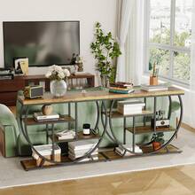 Mesa de entrada con espacio de almacenamiento, consola estrecha industrial de 4 niveles detrás del sofá con base semicircular y estantes para sala de estar, pasillo y recibidor - Marrón - Ver 6