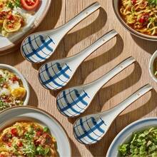 4/5件套亚洲陶瓷勺，长柄，易握，底部防滑，适用于日式拉面、中式和越南面条汤、意面等。