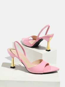 Giày cao gót nữ, thiết kế phối màu thời trang với gót thủy tinh sâm panh, mũi nhọn, chất liệu phản quang mềm mại, quai đeo mắt cá chân, thanh lịch và thoải mái, phù hợp với mọi dịp trang trọng, màu hồng, dép xăng đan đa năng - Hồng - Xem 6