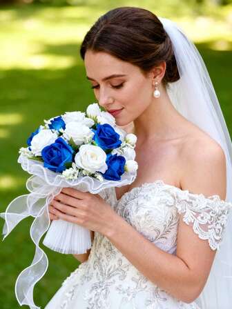 Konstgjord handbukett av rosor, med vit gasbindningsrosett, flanellrosdekor, för bröllop, förlovningar, alla hjärtans dag-present