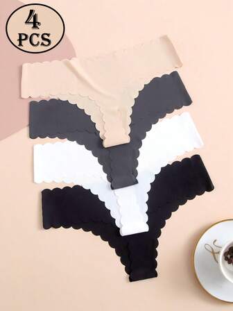 4pcs Seamless High Elasticity Solid Color Thong Panties, Low Waist T-Back Underwear For Women