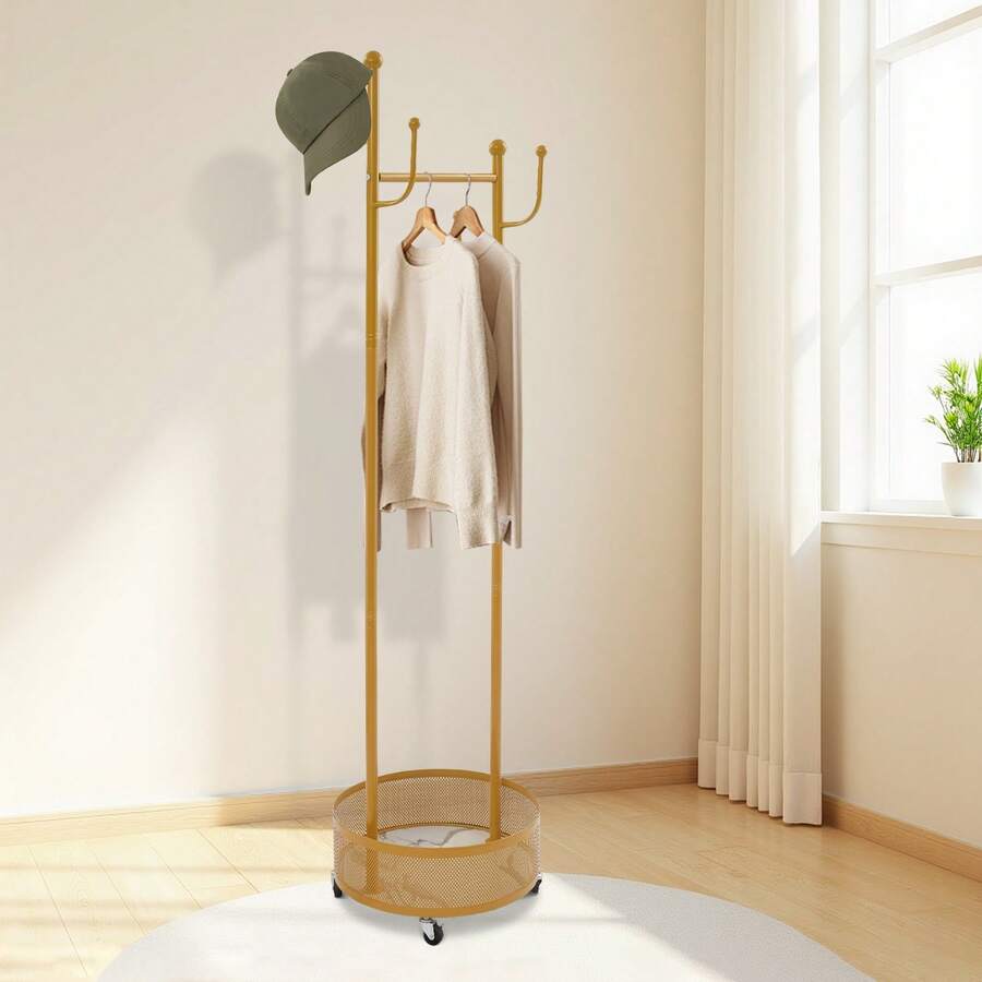 Metall Garderobenständer, Freistehend Kleiderständer, Jackenständer mit 6 Haken, 45 x 170 cm, für Schlafzimmer, Büro - Gold - Übersicht 1