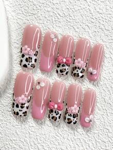 10Pcs Pink Gel Nail Set, Leopard Press-On Nails, Hand-Painted French Nail Stickers,3D Glamorous Floral Elements Fake Nails,Small Pink Five-Petal Flower Nail Charms,3 Sizes Available, Almond Nails, Duck Nails, Coffin Nails, Comes With Nail Tools(1 Sheets Jelly Stickers+1PC Nail File)Suitable For Party,Wedding,Fall Winter, Casual And Daily Wear Supplies Nails. - Nhiều màu - Xem 17