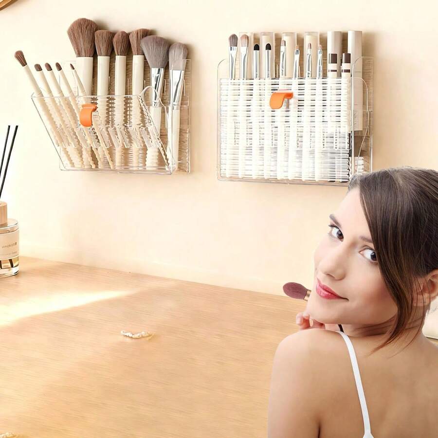 1 hộp đựng đồ trang điểm treo tường, 16 ngăn đựng bút kẻ mắt, chì kẻ viền môi, cọ trang điểm, bút chì kẻ mắt, hộp đựng đồ trang điểm, thích hợp để trên bàn trang điểm, phòng tắm để trưng bày bút chì che khuyết điểm, phấn bắt sáng, chì kẻ viền môi, bút chì kẻ lông mày, cọ môi, cọ nền, bút kẻ mắt - Trong sáng - Xem 1