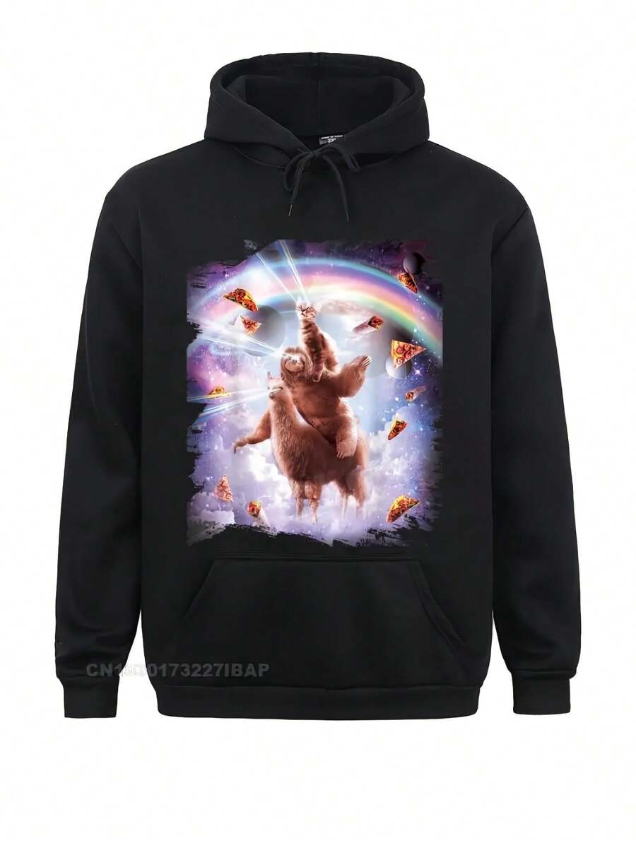 Laser Eyes Space Cat Riding Sloth Llama Rainbow Hooded Pullover Printed Lovers Day Student Hoodies England Style Clothes Family_WH_1200x1200px - màu đen - Xem 1