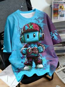 1件男童卡通电子游戏机器人印花涂鸦扎染设计圆领短袖T恤，春夏款 - 藍色 - 查看 1
