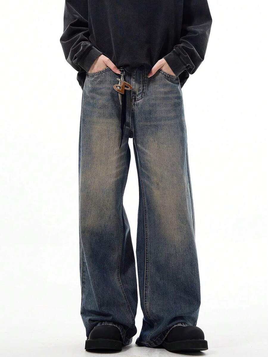 1pc Men's Fashionable Loose Vintage Washed Wide-Leg Casual Jeans (No Belt Or Accessories) - Dusty Blue - View 1