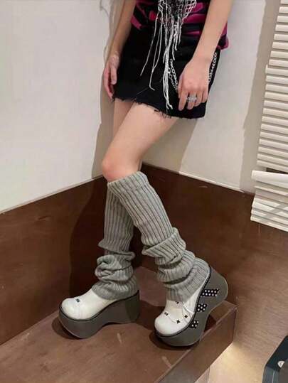 1 Pair Women's Solid Vertical Striped Warm Decorative Cute Leg Warmers, Suitable For Spring, Autumn And Winter