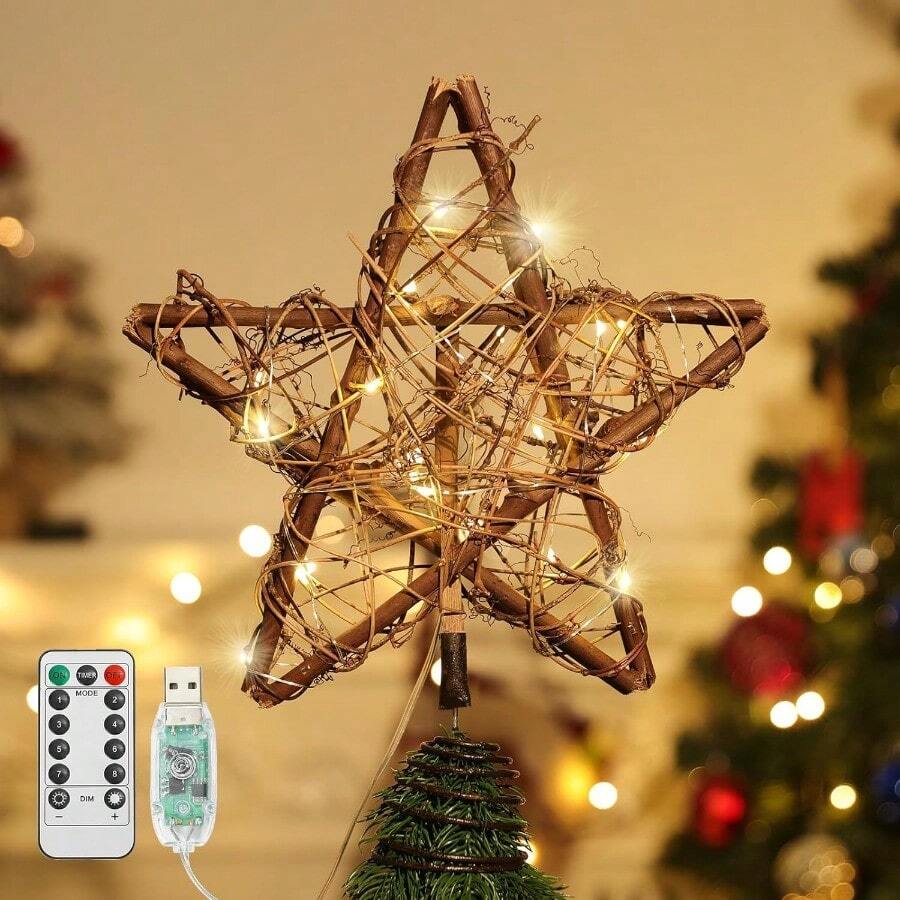 lyw29Lewondr Christmas Tree Topper Star Vintage Rattan String Wood Star ...