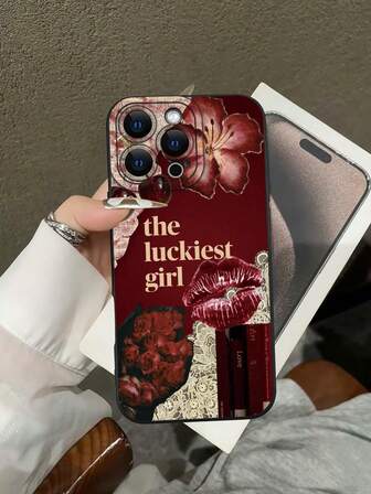 Modisch, beliebt, personalisiert, schickes burgunderrotes Muster mit der Aufschrift "The Luckiest Girl", roten Lippen, Rosen und floralen Dekorationen, Designthema, luxuriöse stoßfeste ästhetische süße Handyhülle, kompatibel mit iPhone 17/17Pro/17Pro Max, 16,15,14, 13, 12, 11 Plus/Pro Max und Serie, sowie kompatibel mit Galaxy S/A Serie