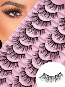 Pestañas postizas naturales e invisibles de tallo negro, 100% hechas a mano sin crueldad, esponjosas y difuminadas para un look de ojos ahumados de Oriente Medio para uso diario, para ojos sensibles - Caja de 10 pares - Negro - Ver 1