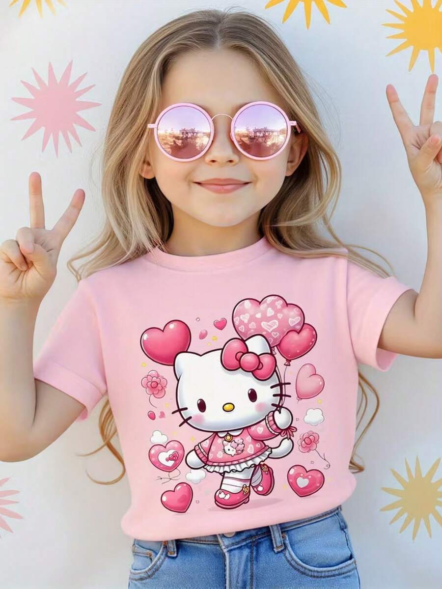 [Sanrio]Summer New "Heart Kitty" Girls' Crew Neck T-Shirt - Cute 6-8Y Girls' Short Sleeve, Sweet Element Print Design, Fits 3-12Y Girls, Comfortable & Machine Washable, Versatile For Summer Outings & Gatherings - Hồng - Xem 1