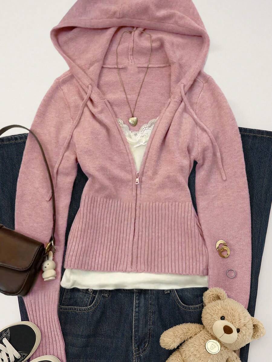 Women's Casual Cute Short Zip-Up Hooded Fitted Knit Cardigan, Long Sleeve Daily Commute Versatile Knit Jacket, Autumn/Winter Streetwear Y2K Style, Christmas/Thanksgiving/New Year Gift - Pink - View 1