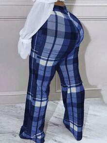 Women's Stylish New Versatile Office-Casual Elegant Slim-Fit Flattering Retro Plaid Printed Micro Flared Pants. - Blue - View 3