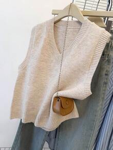 JIANHU Light Gray V-Neck Knit Sweater Vest - Fall/Winter Layering With Contrast Stitch Detail, Christmas Office Party & Casual Weekend - Apricot - View 6