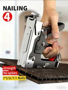 Heavy-Duty Four-In-One Multi-Function Stapler And Nail Gun - Features A Safety Lock, Requires No Electricity, Durable Metal/Plastic Construction, Ergonomically Designed, Compatible With T/U/I/P Staples. Suitable For Construction, Furniture Making, Home Renovation, DIY Home Decoration, Securing Materials